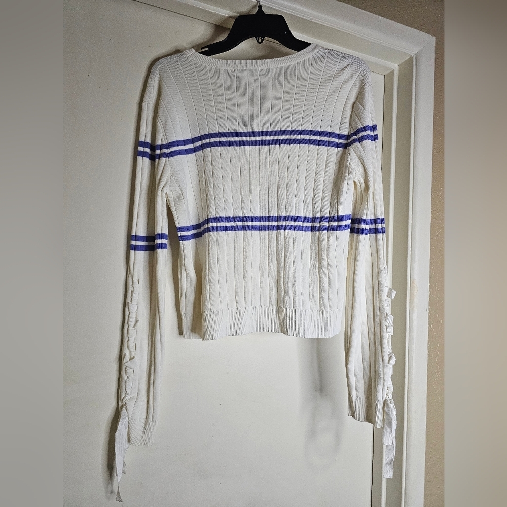 Vtg ENGLISH FACTORY Striped Long Lace sleeves Round Neck treach Sweater Sz M/L - Picture 4 of 7